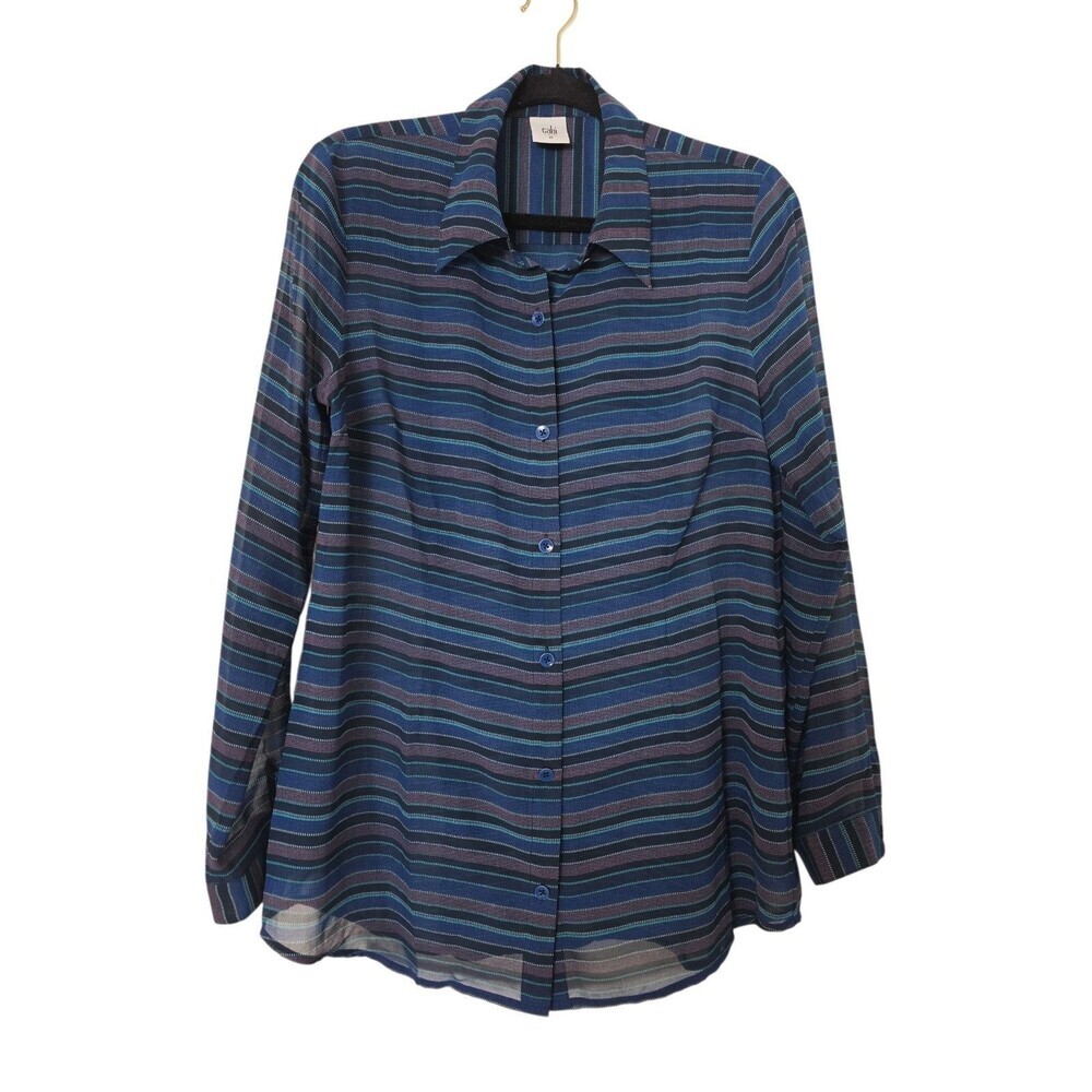Cabi Womens Alex Button Down Top Blouse Size Medium Blue Purple Striped Sheer
